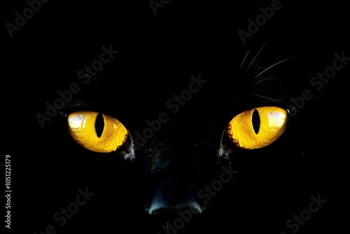 Portrait of a black cat with glowing golden eyes staring intently from the darkness.