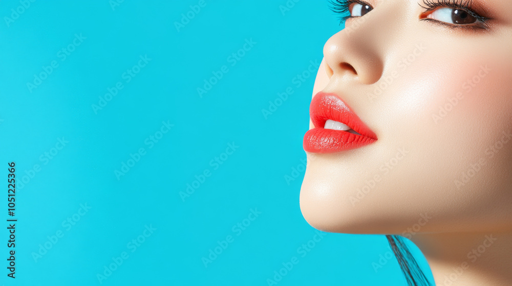 Fototapeta premium A close up of womans profile showcases her smooth skin and vibrant red lips against bright blue background, creating striking and modern aesthetic