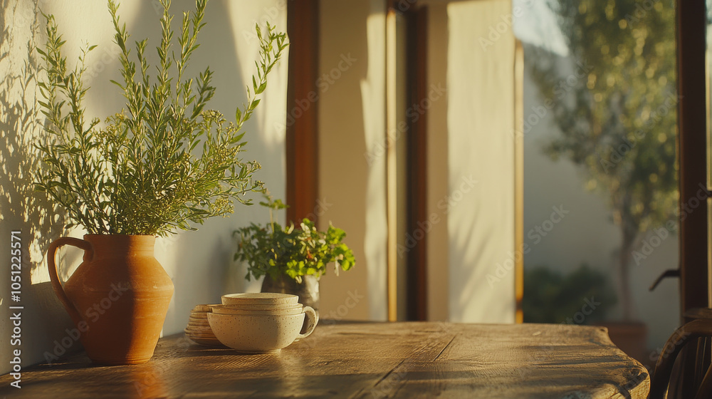 A serene indoor scene featuring wooden table adorned with potted plants and ceramic dishes, illuminated by warm sunlight. natural elements create calming atmosphere A serene indoor scene featuring wooden table adorned with potted plants and ceramic dishes, illuminated by warm sunlight. natural elements create calming atmosphere