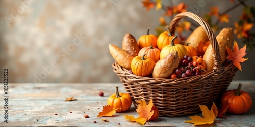 Thanksgiving Basket of Treats with copy space on the opposite blank side. photo