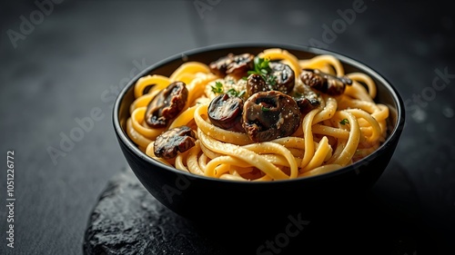 A bowl of pasta with creamy sauce and sauteed mushrooms, garnished with fresh herbs, ready to be enjoyed. photo