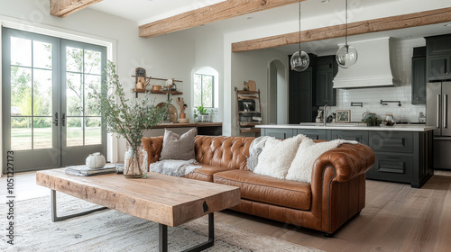 A cozy living room featuring brown leather chesterfield sofa adorned with soft pillows, rustic wooden coffee table, and stylish kitchen in background. space is bright and inviting, perfect for relaxat