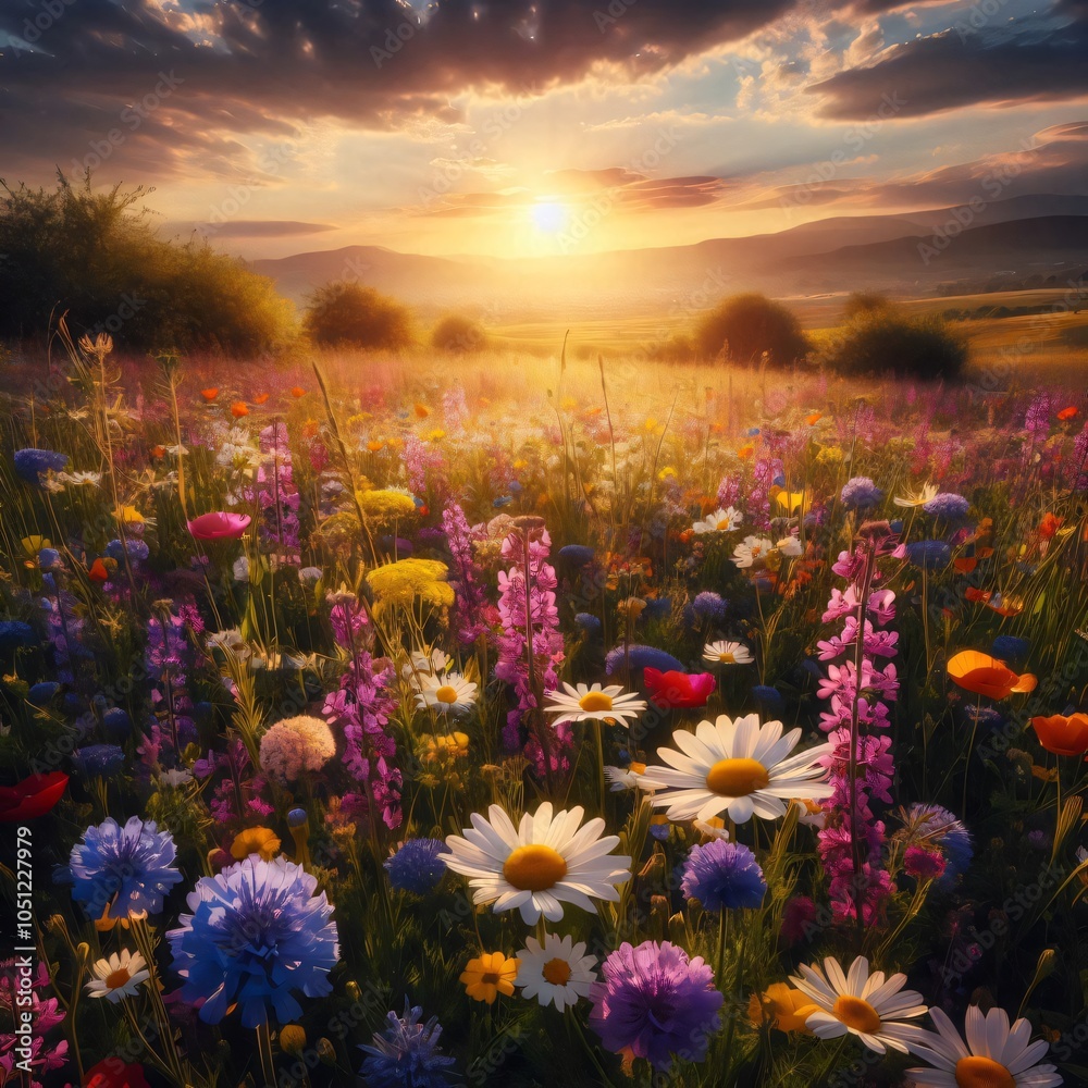 Fototapeta premium Wildflower meadow in full bloom under a clear spring sky