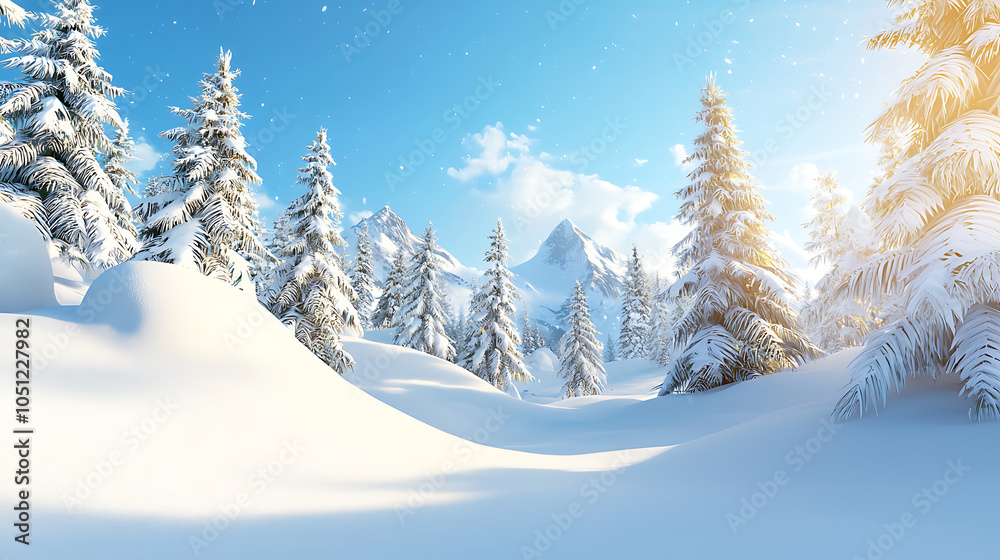 Fototapeta premium serene winter landscape featuring snow covered pine trees under bright blue sky. sunlight creates warm glow, enhancing beauty of snowy scene