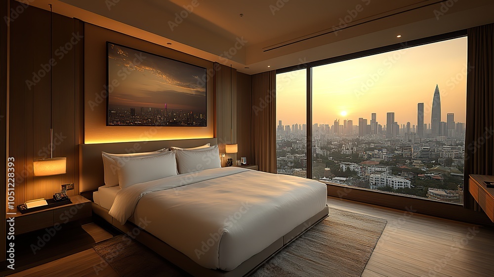 serene bedroom scene featuring cityscape visible from large window.stock photo serene bedroom scene featuring cityscape visible from large window.stock photo