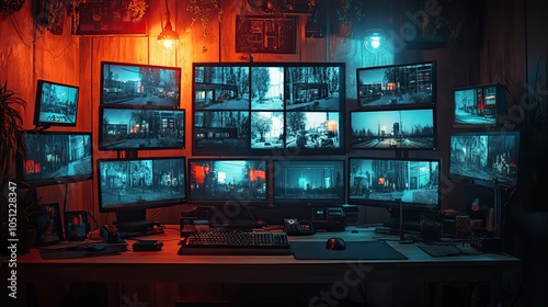 security office with multiple monitors displaying live footage from surveillance cameras, set in dark room.illustration
