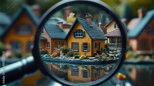 set of miniature houses viewed through magnifying glass, symbolizing home buying or research.image