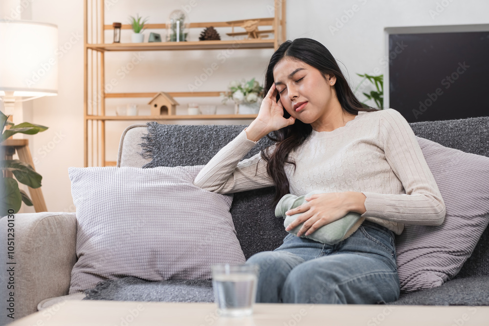 Obraz premium Young Woman Experiencing Abdominal Pain and Headache During Menstruation While Sitting on a Sofa at Home