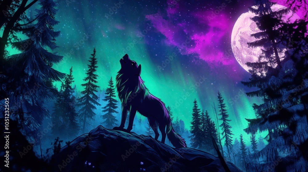 Fototapeta premium Wolf Howling Under the Northern Lights