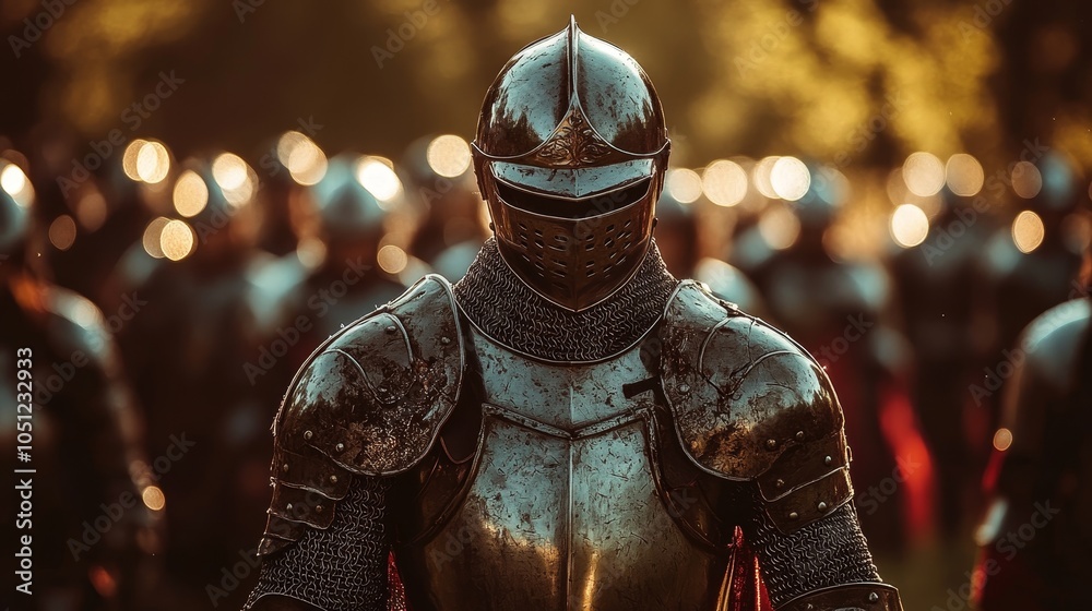A shining knight in polished armor at the front of a marching army, their presence commanding attention and respect A shining knight in polished armor at the front of a marching army, their presence commanding attention and respect