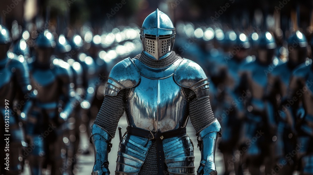 A shining knight in polished armor at the front of a marching army, their presence commanding attention and respect A shining knight in polished armor at the front of a marching army, their presence commanding attention and respect