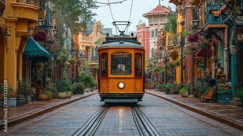 Wallpaper Mural Vintage Tramcar Traveling Through a Cobblestone Street in a European-Style Town Torontodigital.ca