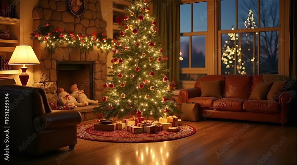 Obraz premium Cozy holiday living room with fireplace and decorated Christmas tree