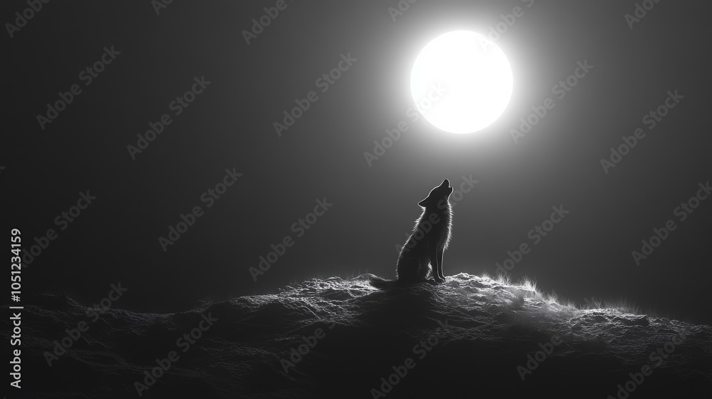 A single wolf howls to the bright full moon atop a mountain, with shadowy forms of its pack barely visible, blending into the dark landscape below A single wolf howls to the bright full moon atop a mountain, with shadowy forms of its pack barely visible, blending into the dark landscape below