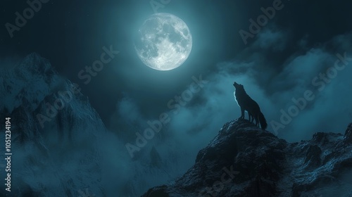 A single wolf howls to the bright full moon atop a mountain, with shadowy forms of its pack barely visible, blending into the dark landscape below