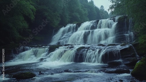 Long exposure of Glen Orchy waterfalls, Scotland, in summer. photo