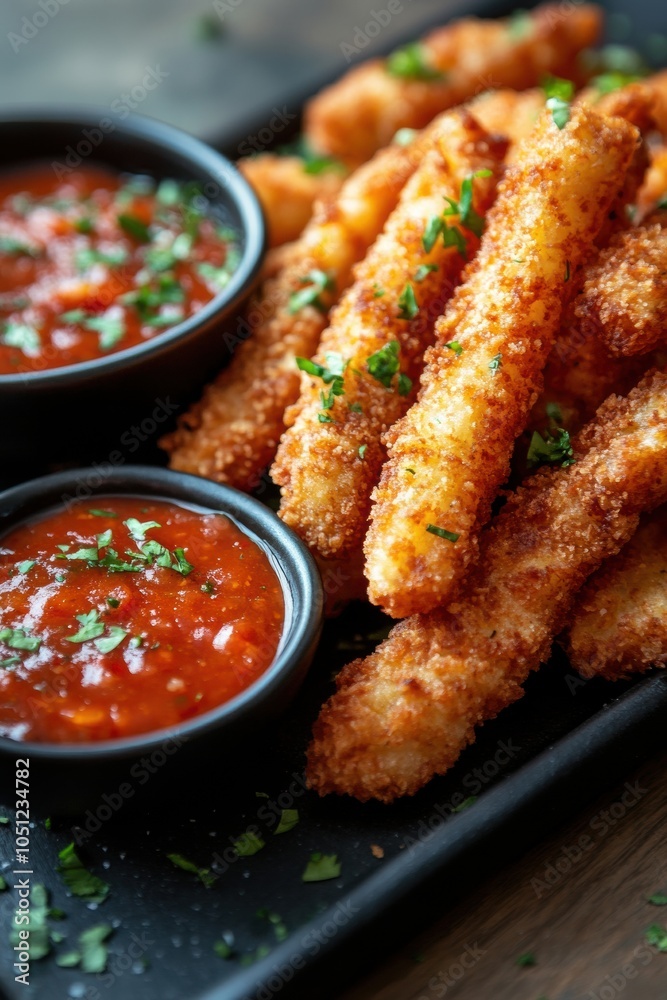 Crispy Breaded Fries with Tangy Dipping Sauce on Black Platter Crispy Breaded Fries with Tangy Dipping Sauce on Black Platter