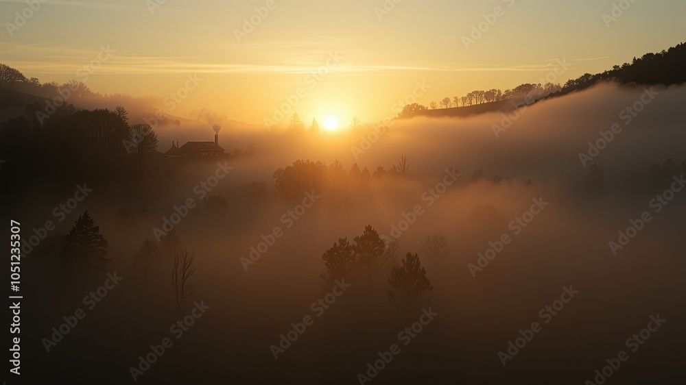 Fototapeta premium Golden Sunlight Filters Through Mist Enveloping a Hillside Village with a Smoke Plume Rising From a Distant Chimney