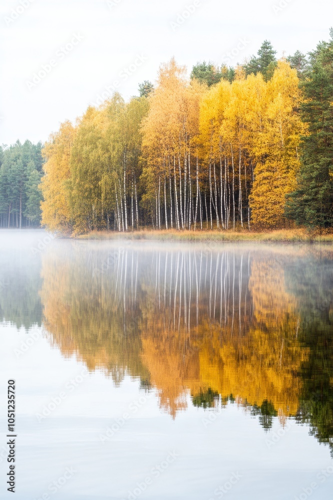 Obraz premium Tranquil Autumn Lake with Mist and Vibrant Fall Foliage Reflections