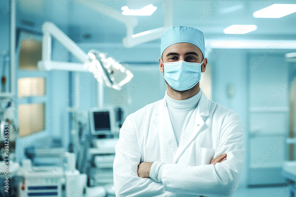 Confident dentist smiling behind surgical mask and protective glasses, ready for surgery in modern dental clinic Confident dentist smiling behind surgical mask and protective glasses, ready for surgery in modern dental clinic