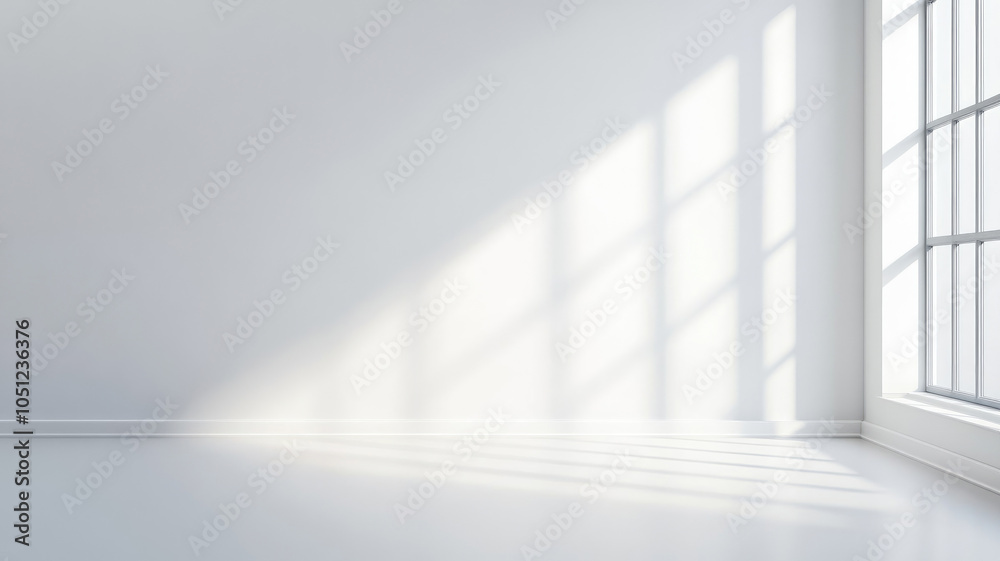 Bright minimalist white room with sunlight casting shadows through window Bright minimalist white room with sunlight casting shadows through window