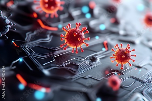 A 3D rendering of red virus cells on a circuit board, representing the spread of a cyber virus or the impact of a virus on technology.