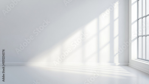 Bright minimalist white room with sunlight casting shadows through window