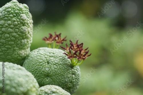 Pseudolithos is succulent species with flowers on green nature background. Selective focus and free space for text. photo