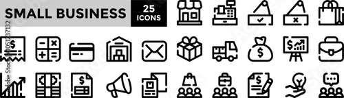 Small business icon collection set.Containing promotion,shop,business plan,innovation icon.Simple line vector illustration.