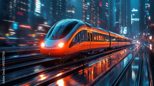 speeding train on city background, symbolizing the fast pace of cloud computing. photo