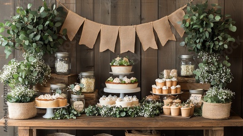 Charming rustic dessert table decorated with greenery and banners