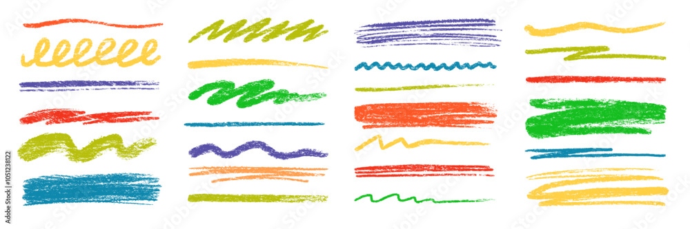 Crayon brush color pencil underline. Crayon pencil line chalk highlight stroke. Vector hand drawn brush sketch element set for accent, texture emphasis paint. Color kid chalk vector illustration