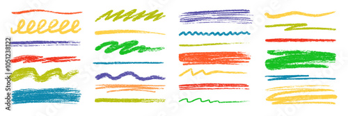 Crayon brush color pencil underline. Crayon pencil line chalk highlight stroke. Vector hand drawn brush sketch element set for accent, texture emphasis paint. Color kid chalk vector illustration