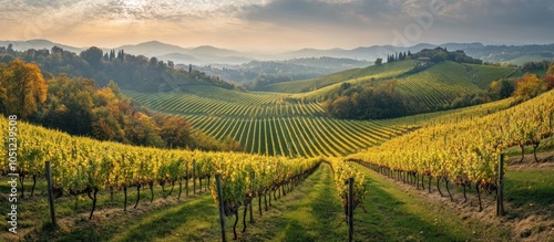 Rolling hills of vineyards, Tuscany, Italy.