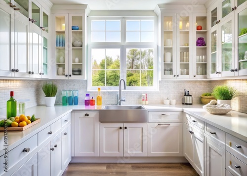 A bright white kitchen showcases cabinets brimming with cleaning supplies and detergents, ensuring a pristine environment for a well-maintained and inviting home space.