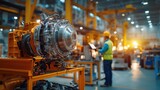 Precision at Work: Workers Assembling Massive Marine Engine in Shipyard Engine Manufacturing Facility