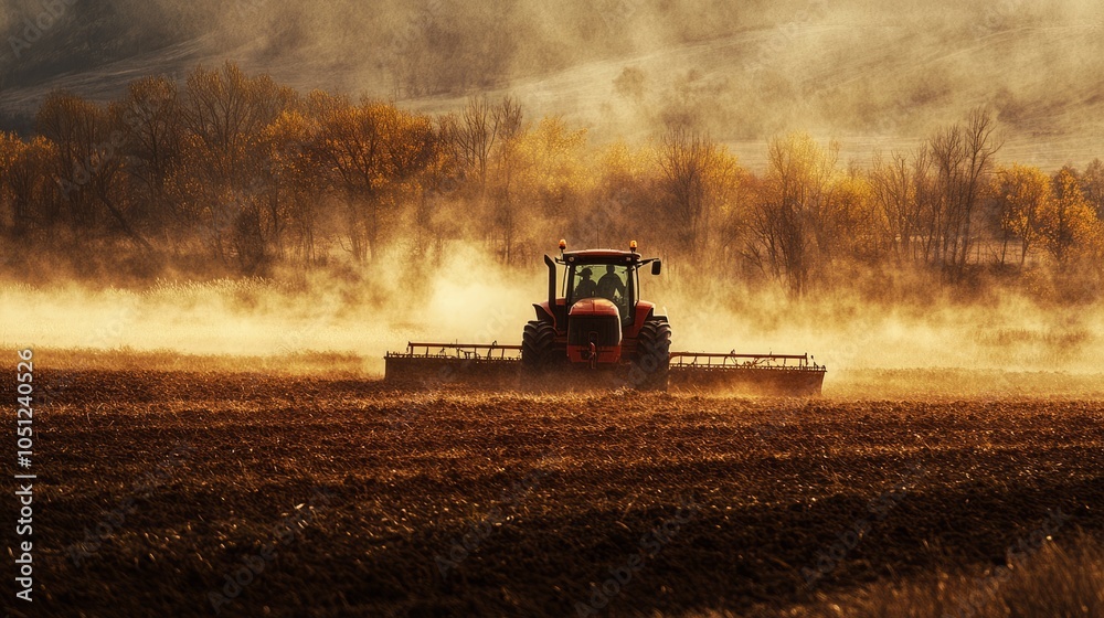 Powerful tractor cultivating fertile field during spring season with dust cloud in background, showcasing modern farming machinery and agricultural soil preparation for planting crops in rural landsca