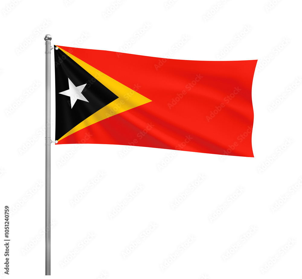 East Timor National flag waving in the wind on a silver pole, isolated on transparent East Timor National flag waving in the wind on a silver pole, isolated on transparent