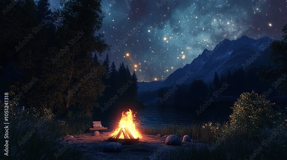 Exploring the wilderness in summer. A glowing camp fire at dusk providing comfort and light to appreciate nature, good times and the night sky full of stars Exploring the wilderness in summer. A glowing camp fire at dusk providing comfort and light to appreciate nature, good times and the night sky full of stars