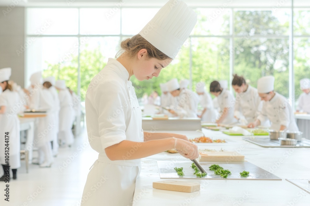 Young Chef Learning in Bright Modern Kitchen Culinary Education with Experienced Guidance Young Chef Learning in Bright Modern Kitchen Culinary Education with Experienced Guidance