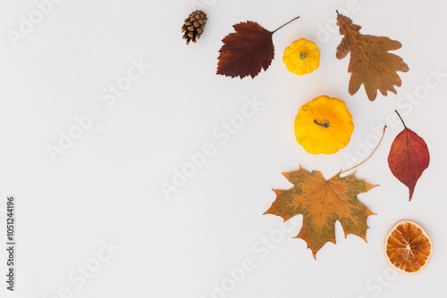 Autumn holiday frame composition with pattern made of leaf, punpkins, dried orange, pine cone on white wooden background. thanksgiving day, halloween eco zero waste concept. Minimal flat lay, top view photo