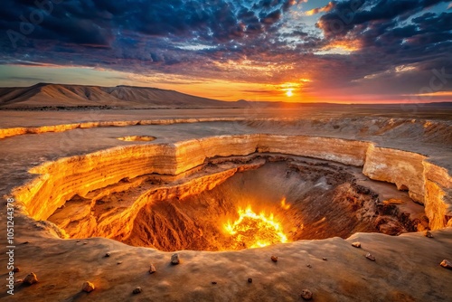 A mesmerizing sight, the Derweze Gas Crater in Turkmenistan's Karakum Desert features blazing flames and distinct geological formations, creating a hellish atmosphere in Asia. photo