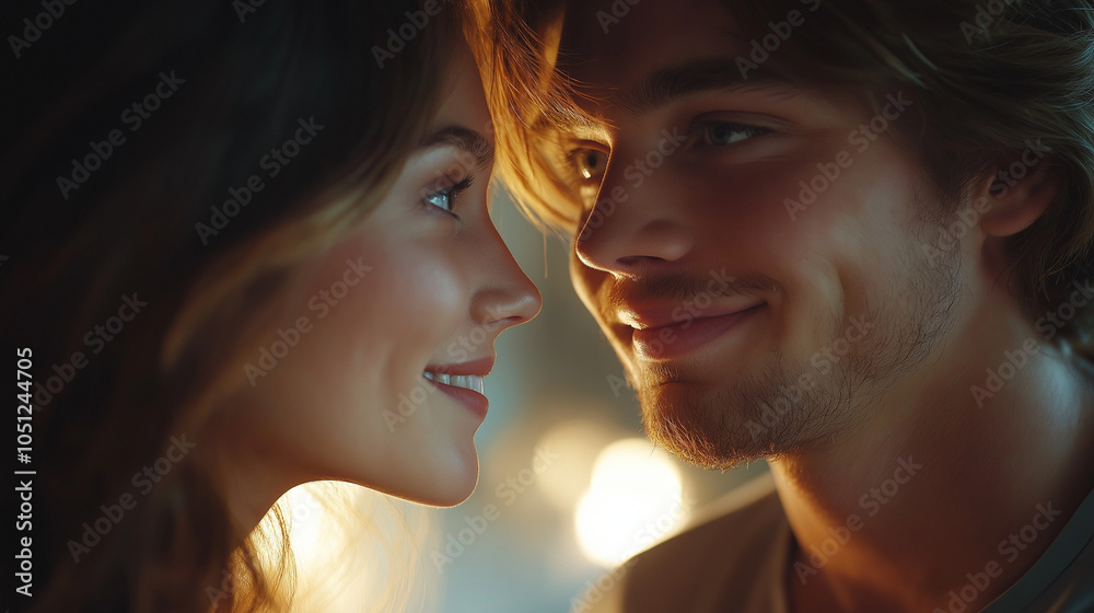 Naklejka premium Young couple smiling at each other in soft romantic lighting
