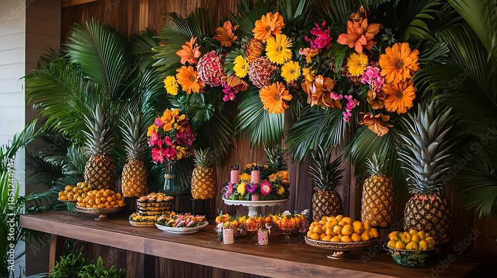 Fototapeta premium Vibrant tropical fruit and floral display for celebrations