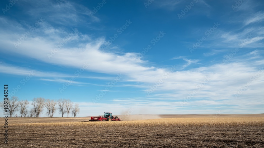 Fototapeta premium Tractor pulling an air seeder across a vibrant field under a clear blue sky, capturing the essence of modern farming in alberta west of high river during seeding season