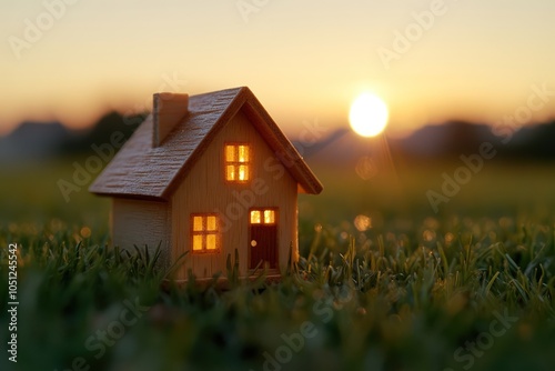 Miniature Wooden House at Sunset in a Grassy Field