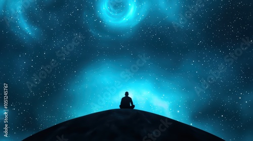 A person meditating under a starry sky with vibrant cosmic elements, embodying tranquility and contemplation.