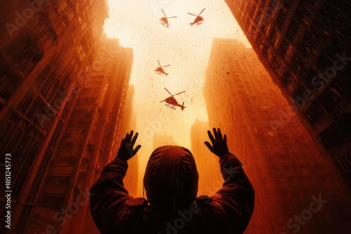 A person reaching out in a smoky urban environment with helicopters above, capturing a moment of desperation. photo