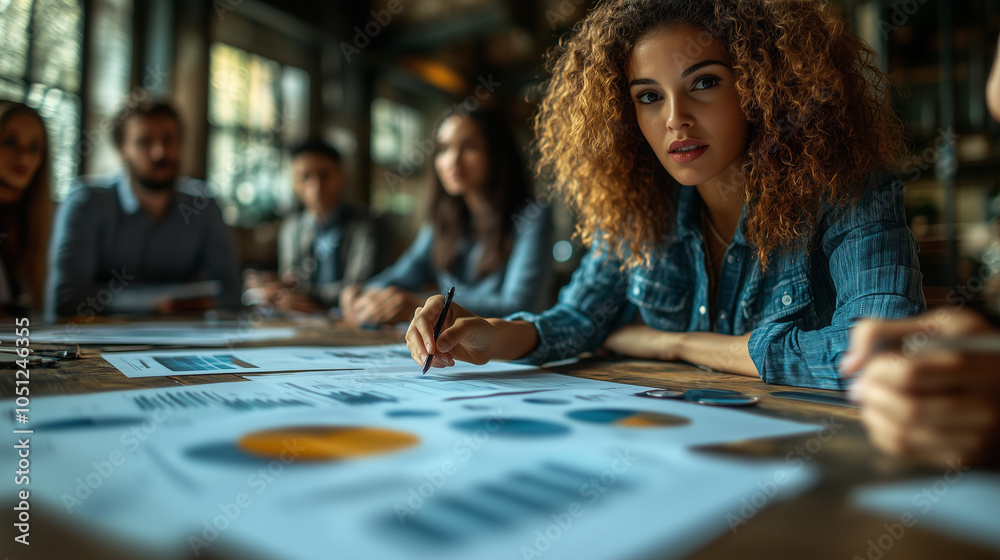 Fototapeta premium Focused on the Data: A woman with curly hair intently analyzes charts and graphs during a team meeting, showcasing her dedication and analytical skills. 