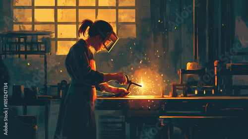 Woman welder in protective workwear in industrial factory. Medieval Blacksmith. Illustration photo